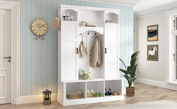 English Elm On-trend Farmhouse Hall Tree with Dual Cabinets Seven Hooks and Arched Entryway Storage White N721S000078K