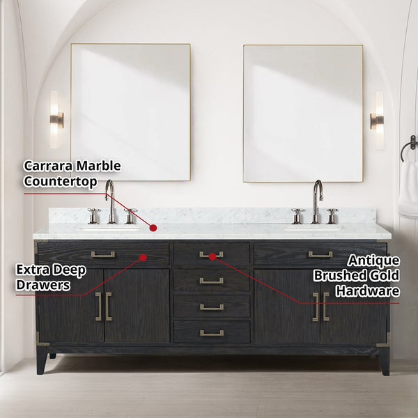 English Elm Black Oak Double Bath Vanity With Carrara Marble Top, Chrome Faucets & 2 Matching Mirrors, 84" W B2731S02193