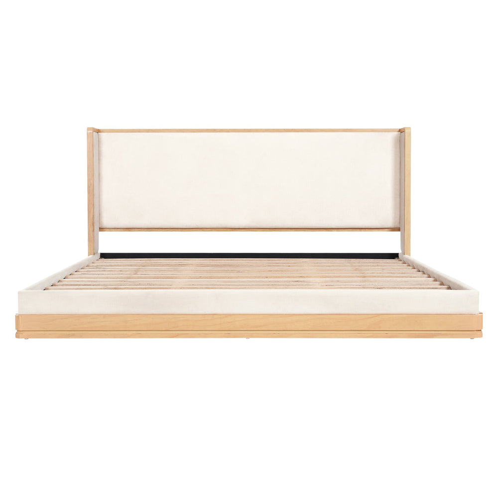 English Elm Mid-century Modern King Platform Bed Waterfall Headboard Natural Wood Beige Upholstered N769K354726W
