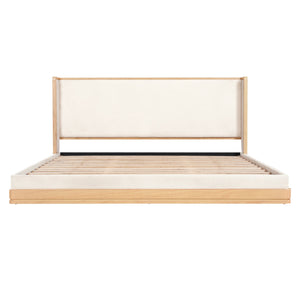 English Elm Mid-century Modern King Platform Bed Waterfall Headboard Natural Wood Beige Upholstered N769K354726W