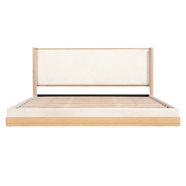 English Elm Mid-century Modern King Platform Bed Waterfall Headboard Natural Wood Beige Upholstered N769K354726W