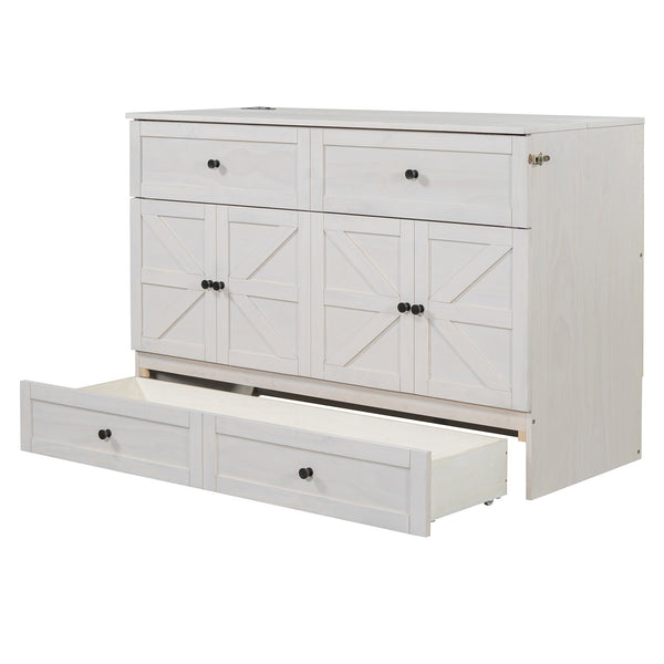 English Elm Queen Murphy Wall Bed with Usb Ports Storage Drawers and Cabinet Style Panel Front White N708S00006AAK