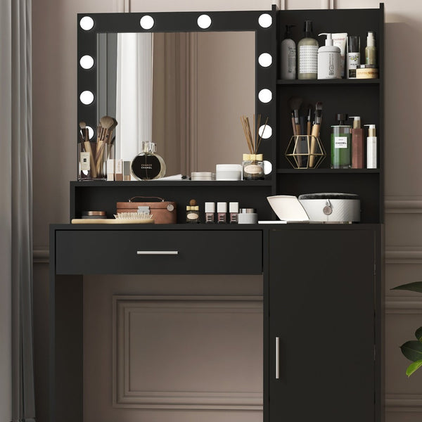 English Elm Vanity Desk With Mirror & 3 Adjustable Lighting Modes, Ample Storage & Elegant Black Finish For Bedrooms W2386P369684-GIGA