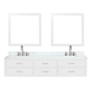 English Elm White Double Bath Vanity Set With Carrara Marble Top, Faucets & Matching Mirrors For Elegant Spaces B2731S01843-GIGA