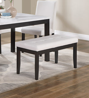 English Elm Classic 5pc Dining Set with Faux Marble Top, White Finish, Tufted Bench & 3 Cushioned Faux Leather Chairs B011P184982