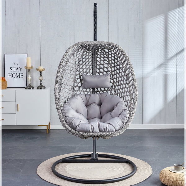 English Elm Egg Swing Chair Woven Rattan Basket Seat with Stand Cushion for Patio Bedroom W1512P498597