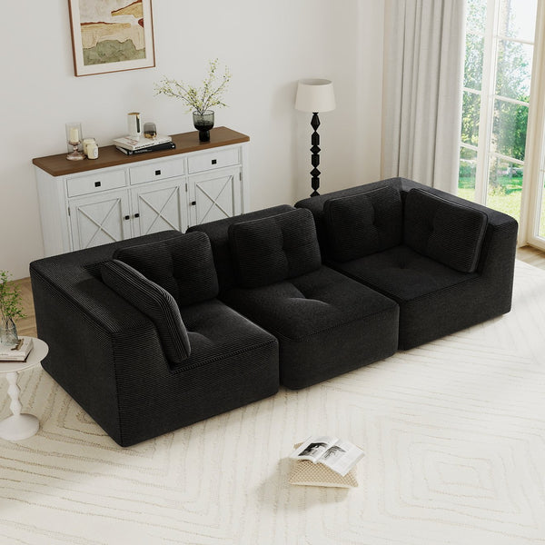 English Elm Modern Corduroy Modular Sectional Sofa Deep Seat Tufted Piping No Assembly Required Black W714S01789