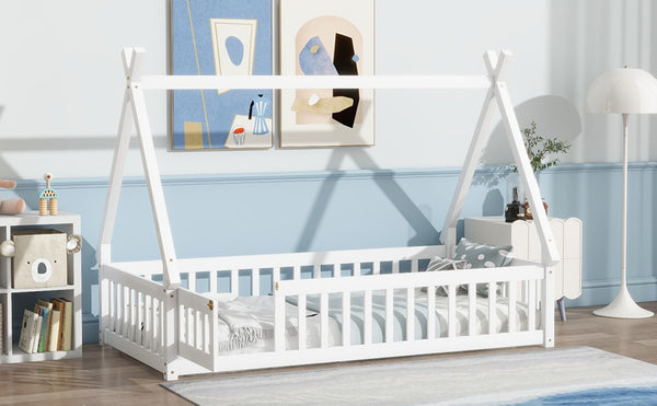English Elm Twin Teepee Floor Bed With Guardrails - Whimsical White Design For Cozy Child'S Room Decor W504P345781-GIGA