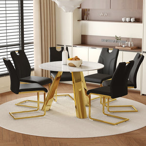 English Elm 42" Modern Luxury Round Sintered Stone Dining Set with Gold Metal Base & 4 Black PU Chairs, 42" Durable 5-Piece Contemporary Ensemble W1512S00122