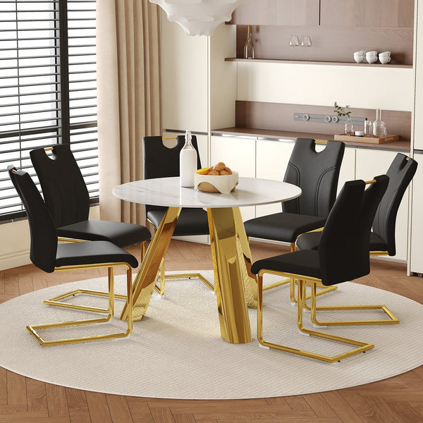 English Elm 42" Modern Luxury Round Sintered Stone Dining Set with Gold Metal Base & 4 Black PU Chairs, 42" Durable 5-Piece Contemporary Ensemble W1512S00122