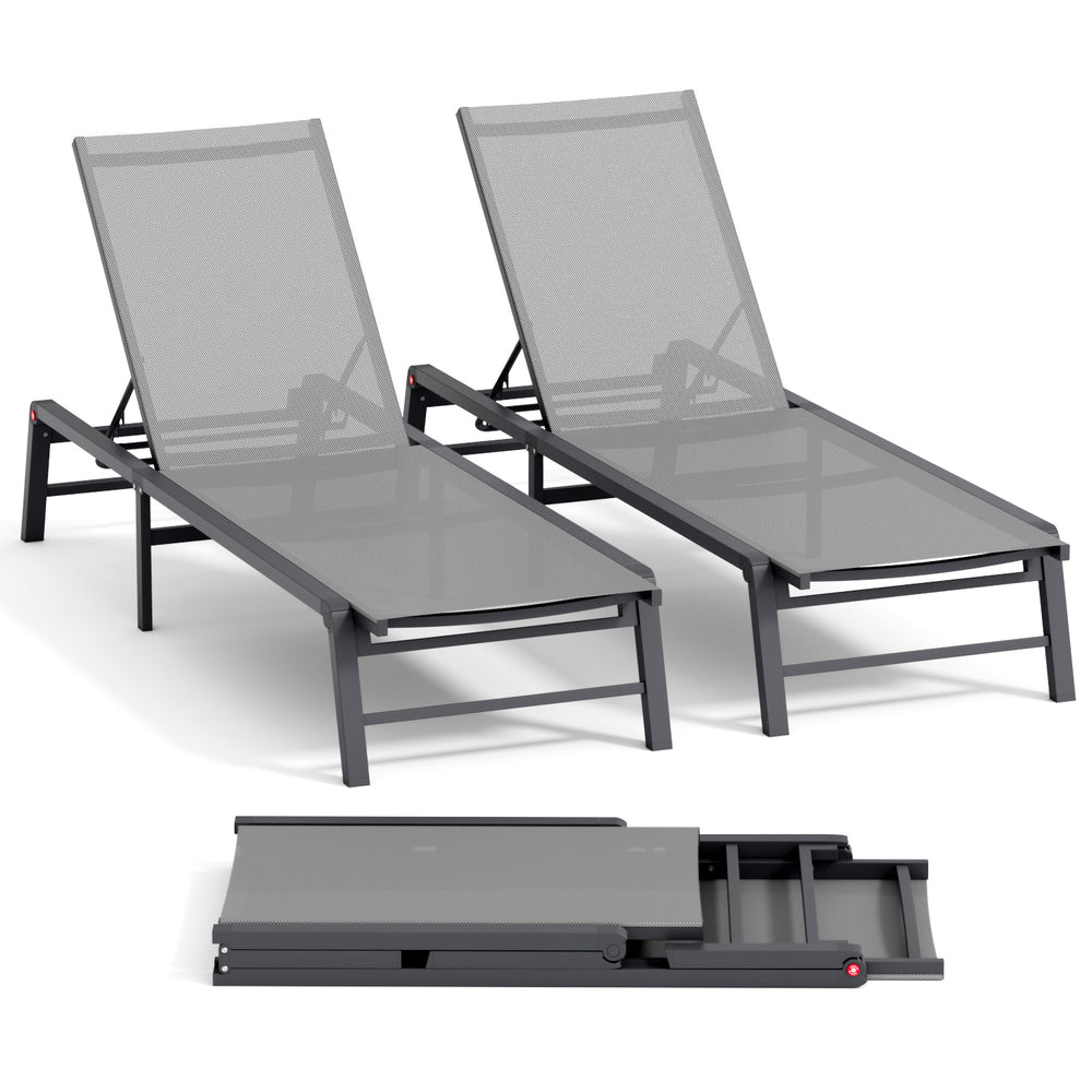 English Elm Assemble-free Outdoor Aluminum Chaise Loungers Stackable Textilene Poolside Set of 2 Gray W5756P485212