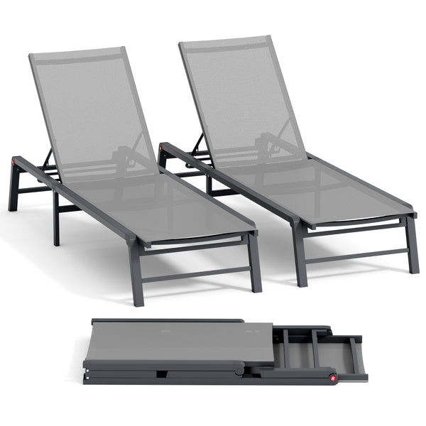 English Elm Assemble-free Outdoor Aluminum Chaise Loungers Stackable Textilene Poolside Set of 2 Gray W5756P485212