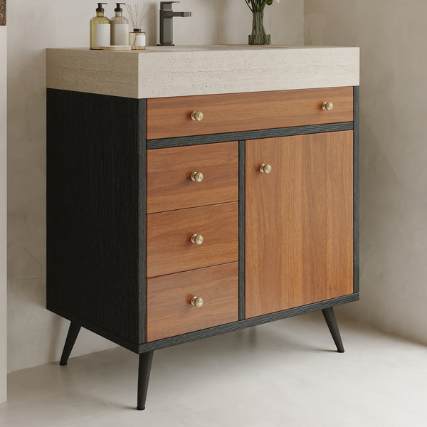 English Elm 29.9" Floating Bathroom Vanity Sintered Stone Top Soft Close Drawers Bronze Gold Hardware W3136S00043