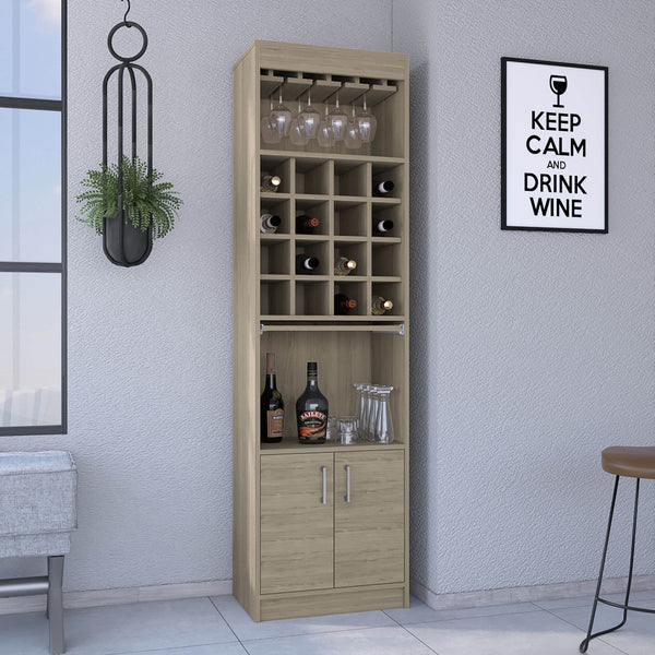 English Elm Being Kava Bar Cabinet 71" High Light Pine with 12 Glass Rack, Retractable Tray & 16 Bottle Cubbies B070S00097