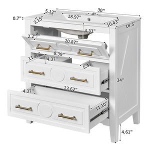 English Elm 30'' Bathroom Vanity with Ceramic Sink, Solid Wood Frame Retro Style Vanity with 3 Drawers & Gold Handles White N710P246209K