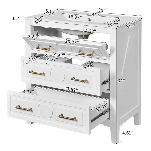 English Elm 30'' Bathroom Vanity with Ceramic Sink, Solid Wood Frame Retro Style Vanity with 3 Drawers & Gold Handles White N710P246209K