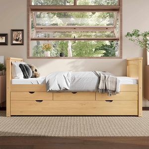 English Elm Twin Solid Wood Platform Bed with Trundle and Two Drawers, White Daybed for Kids Guests Natural W1580S00264