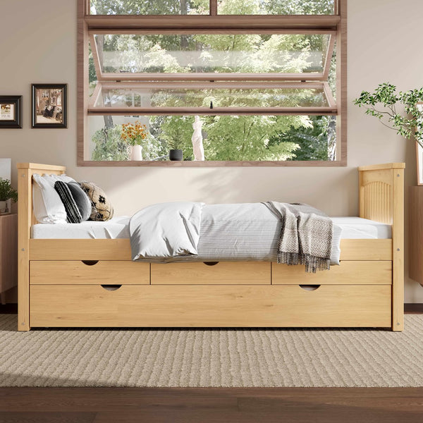 English Elm Twin Solid Wood Platform Bed with Trundle and Two Drawers, White Daybed for Kids Guests Natural W1580S00264