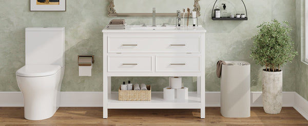 English Elm Christopher Knight Home® - 36" Modern Bathroom Vanity with Ceramic Sink, Tip-Out Tray, Soft-Close Drawers, Open Shelf, Waterproof Surface White N817P288908W
