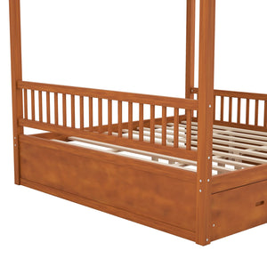 English Elm Wooden Canopy Queen Bed Solid Frame with Built-in Storage Drawers Slatted Base Walnut N7090005037L