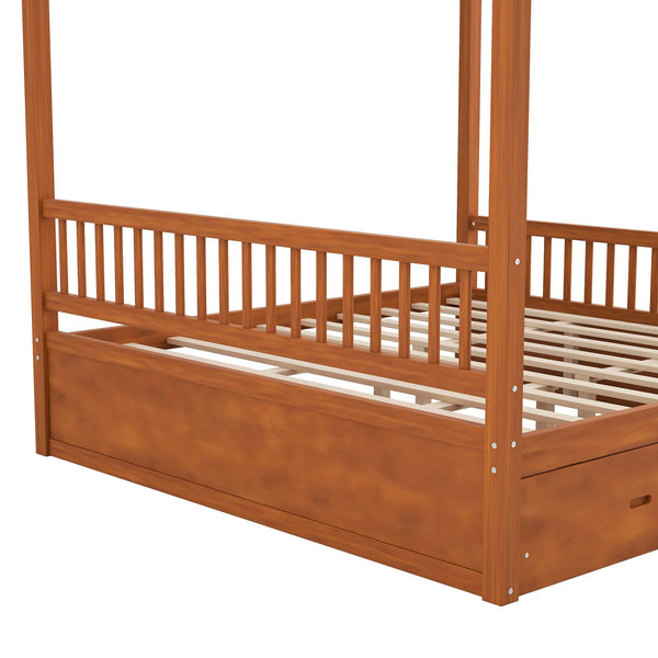 English Elm Wooden Canopy Queen Bed Solid Frame with Built-in Storage Drawers Slatted Base Walnut N7090005037L