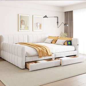 English Elm Queen Lambswool Platform Bed with Usb Charging Armrests and Under Storage Drawers White N7500000601K