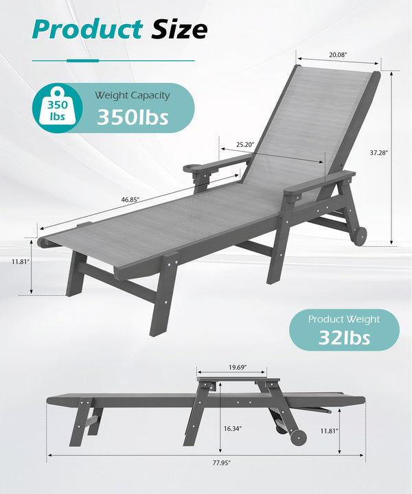 English Elm Lounge Outdoor Hdpe Reclining Chaise with Teslin Fabric Seat Wheels and Cup Holder Grey W1859P494836