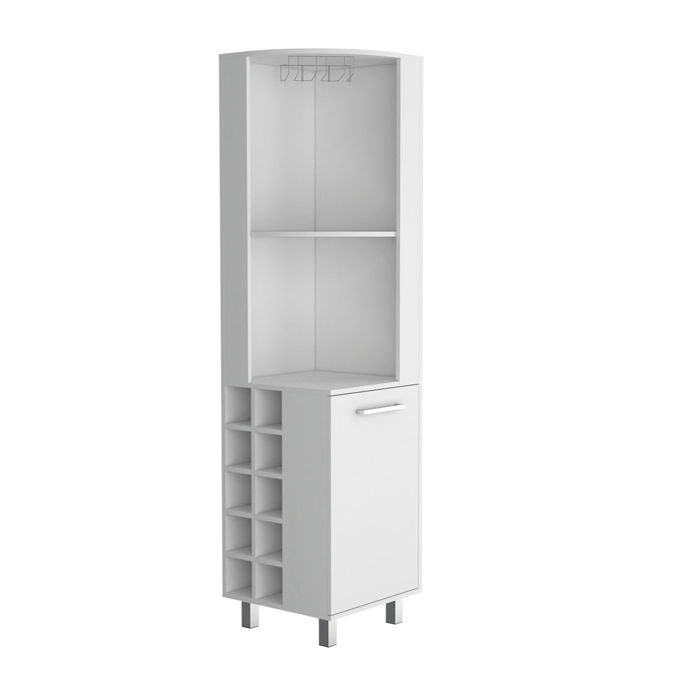 English Elm Kaia Tall Corner Bar Cabinet White Finish Wine Cubbies Stemware Rack Storage B200S00417
