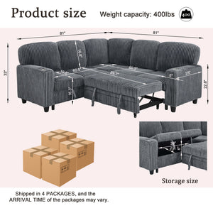 English Elm L-shaped Sectional Sleeper Sofa with Hidden Storage Usb Charging Corduroy Upholstery Grey W1998S00092