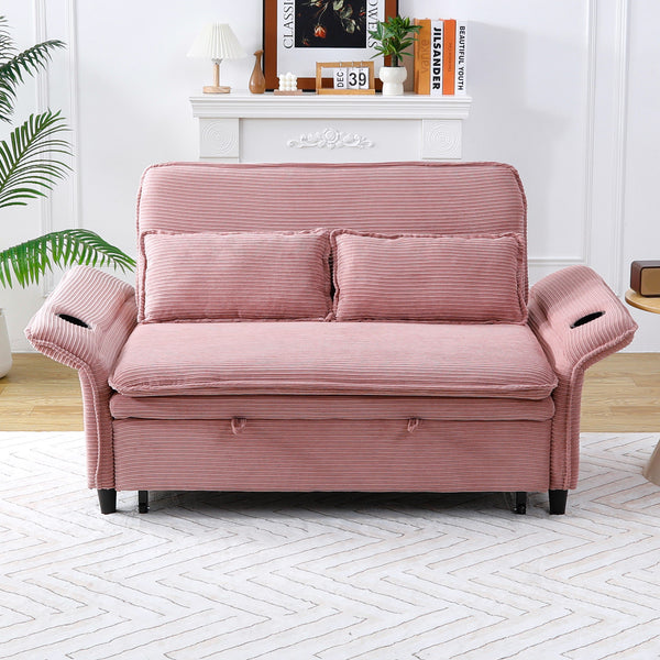 English Elm 65.74-inch convertible letter sofa bed with adjustable armrests, pull-out extension, cup holders, durable frame and plush sponge cushions Pink W3371P311783