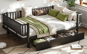 English Elm Full Size Metal Platform Storage Bed Low Profile Steel Frame with Built-in Drawers Black W5305P471350