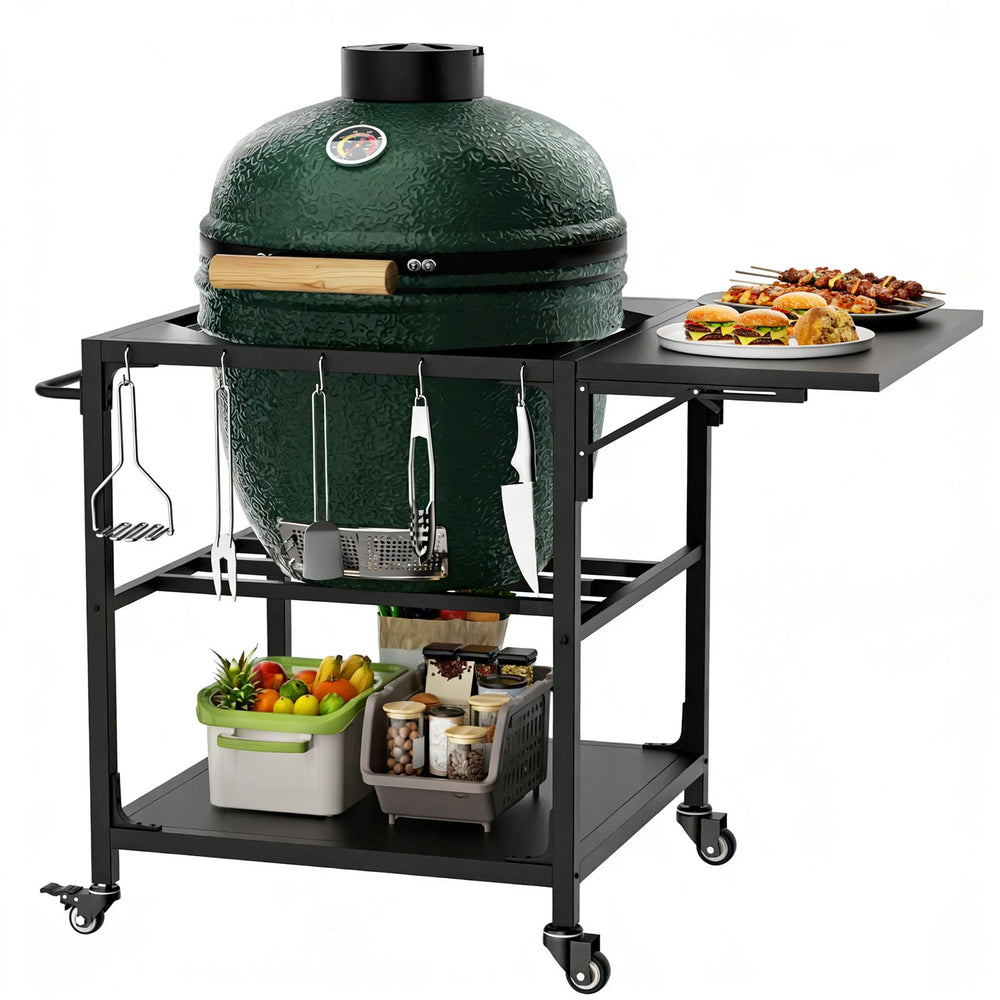 English Elm Outdoor Kamado Grill Cart with Folding Prep Surface Hooks Wheels and Storage Shelf W3190P416753