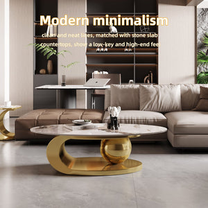 English Elm Gold Pedestal Coffee Table with Sintered Stone Marble Top for Modern Living Rooms W3985S00020