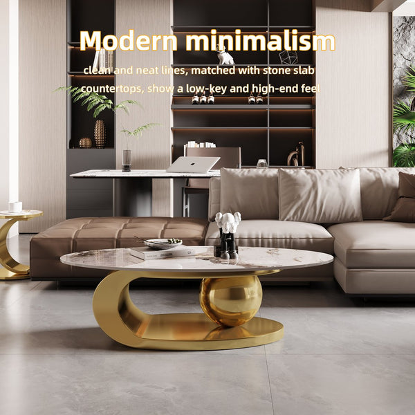 English Elm Gold Pedestal Coffee Table with Sintered Stone Marble Top for Modern Living Rooms W3985S00020