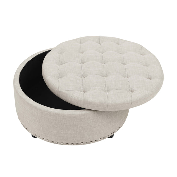 English Elm Tufted Linen Square Ottoman with Lift Top Storage Nailhead Trim Living Room Almond B2748P481670