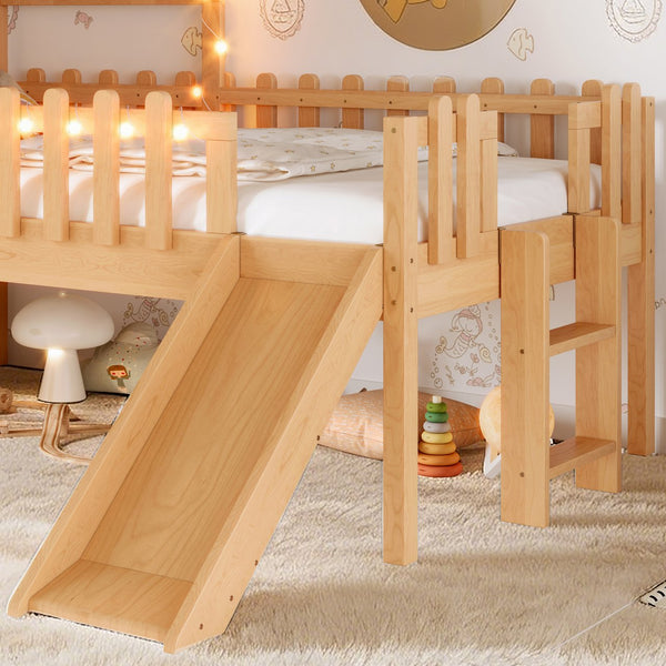 English Elm Twin Playhouse Loft Bed Solid Pine Frame with Slide Led Lights and Star Roof Natural W5316S00002