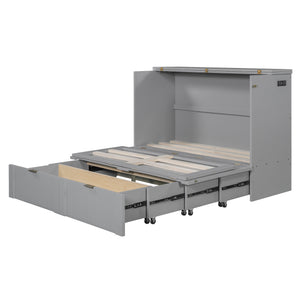English Elm Full Size Wall Murphy Bed Cabinet with Usb Ports Drawer and Pulley Lift Gray Finish LP100770AAE