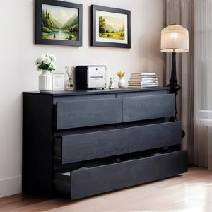 English Elm 6 Drawer Modern Dresser with Concealed Handles, Spacious Top, Durable Wood Storage Cabinet for Bedroom Black W3204P318439