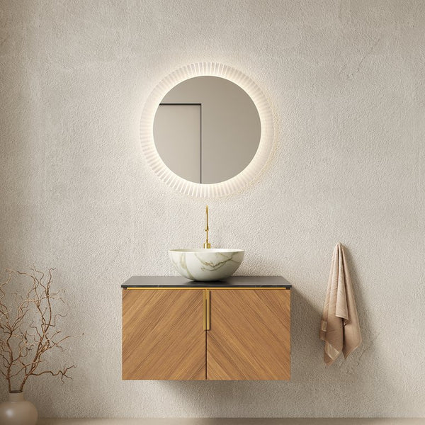 English Elm Muri Floating Bathroom Vanity Plywood Cabinet Sintered Stone Top Oak Drawer W2615S00545