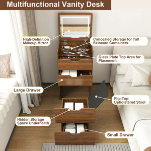 English Elm 3-in-1 Walnut Flip Top Vanity Desk with Led Mirror Stool Bedroom Dressing Table W2699P404631