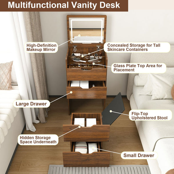 English Elm 3-in-1 Walnut Flip Top Vanity Desk with Led Mirror Stool Bedroom Dressing Table W2699P404631