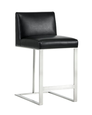 Sunpan Dean Bar Stool with Exposed Brass Frame and Luxurious Bonded Leather for Stylish Spaces Stainless Steel / Cantina Black