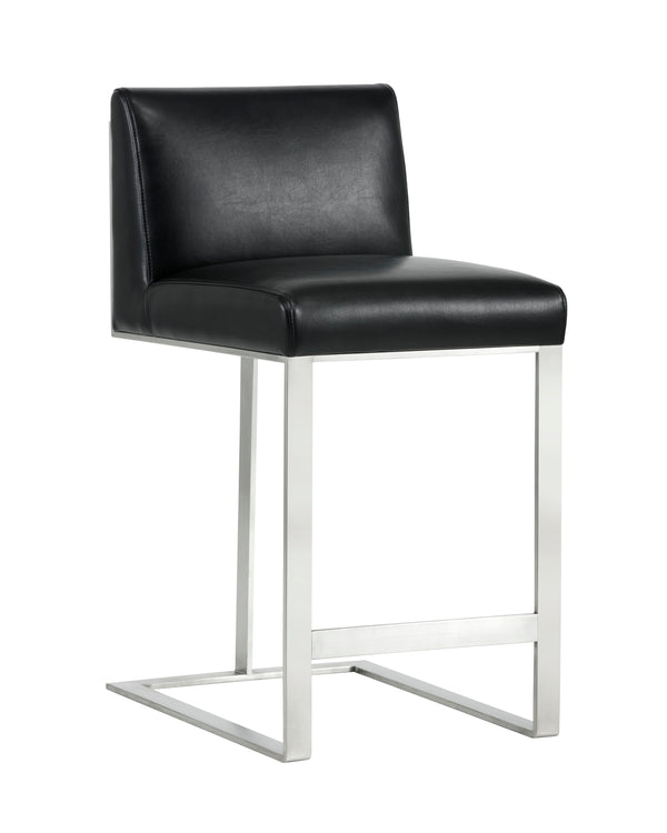Sunpan Dean Bar Stool with Exposed Brass Frame and Luxurious Bonded Leather for Stylish Spaces Stainless Steel / Cantina Black