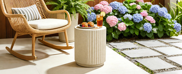 English Elm U_style Mgo Cylinder Accent Table Wave Ribbed Concrete Look Patio or Indoor Plant Stand Beige N711P422078A