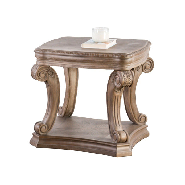 English Elm Traditional End Table In Weathered Oak Finish With Carved Details & Scroll Legs For Elegant Storage B2741P360607-GIGA