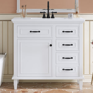 English Elm 36 Inch Bathroom Vanity - Modern Ceramic Sink, Solid Wood Frame, Adjustable Storage & Soft-Close Doors N725P336554K
