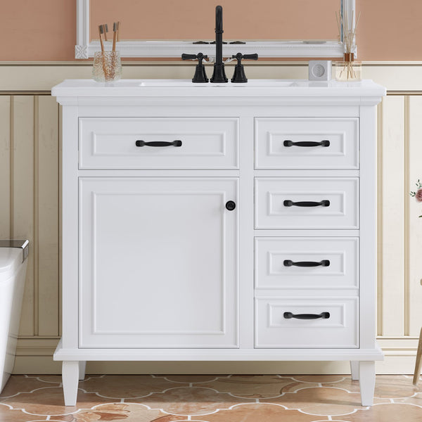 English Elm 36 Inch Bathroom Vanity - Modern Ceramic Sink, Solid Wood Frame, Adjustable Storage & Soft-Close Doors N725P336554K