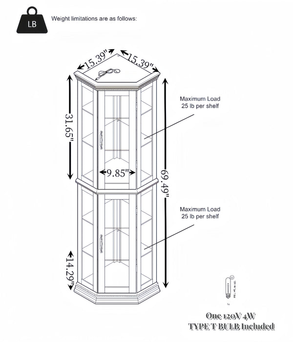 English Elm Lighted Corner Curio Cabinet - Elegant Glass Display With Adjustable Shelves & Bead Bulb Lighting - White W1758P300131