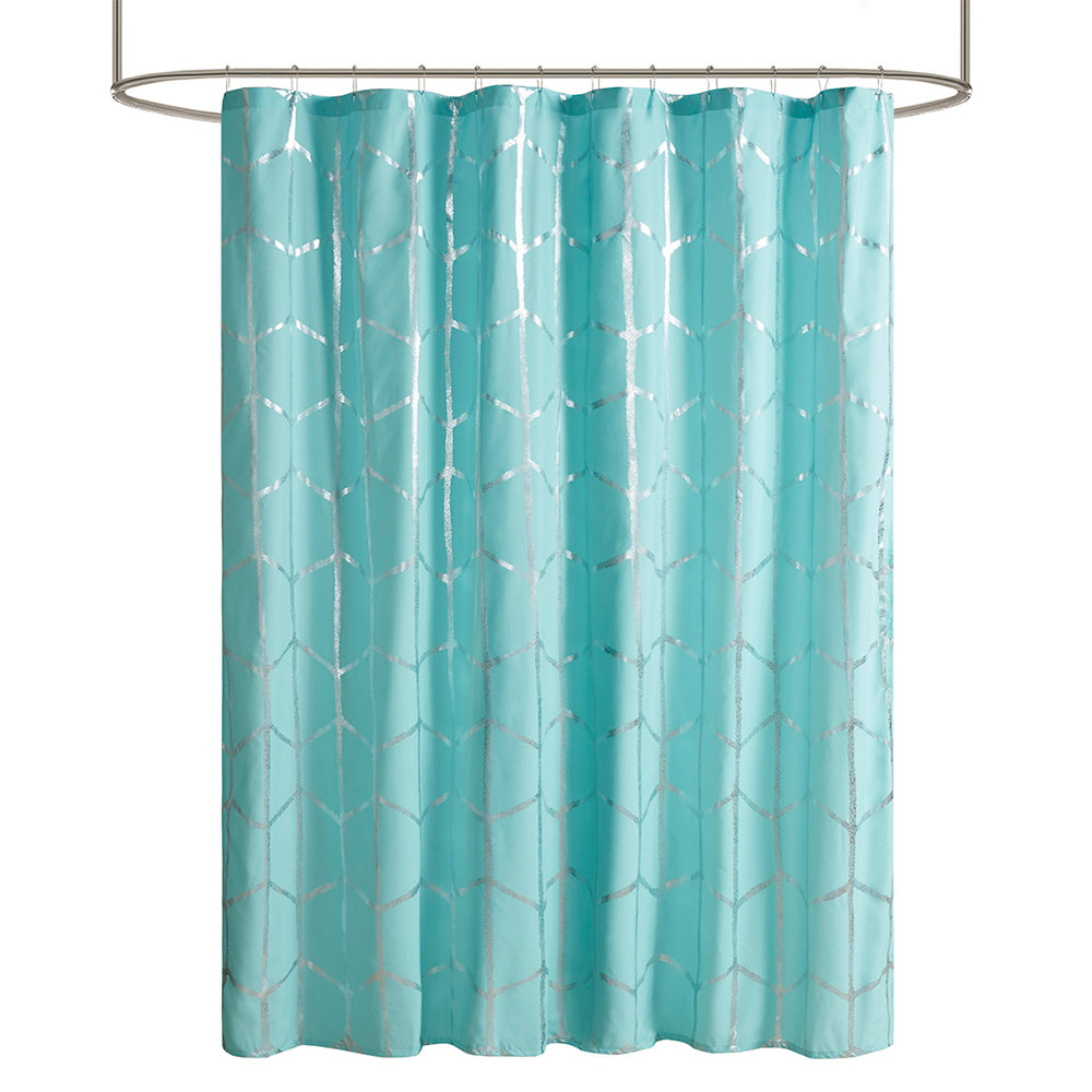 JLA Home Intelligent Design - Printed Metallic Shower Curtain with Geometric Metallic Print, Fade-Resistant Polyester, 72x72-Inch Aqua/Silver ID70-1291