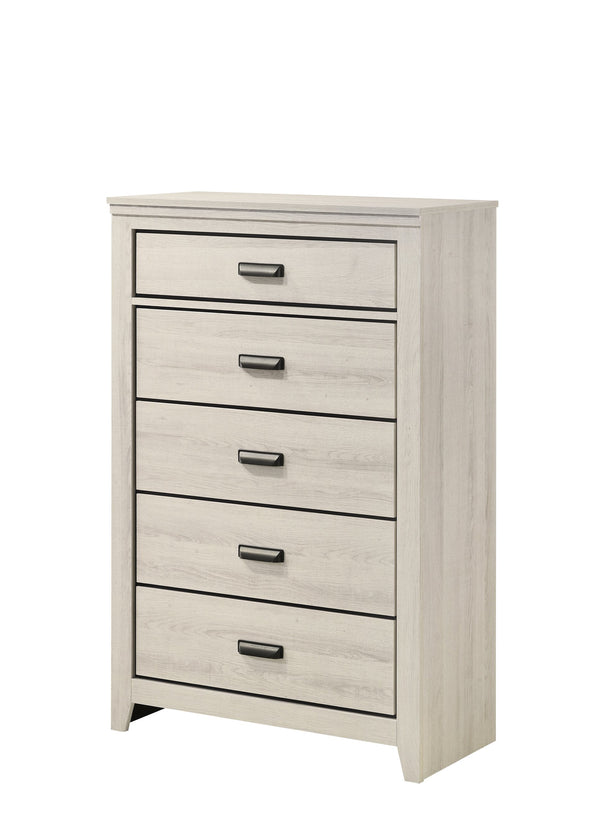 English Elm 1pc Rustic Contemporary Chest with Five Deep Drawers, Black Handles, Space-Saving Wooden Bedroom Storage Beige 38.27 L x 18.58 W x 56.89 H B011P230843